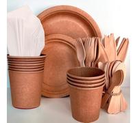 Pack vaisselle Kraft complet pour 50 personnes - 350 pièces - Recyclable - Carton - Grandes et petites assiettes - Gobelets - Couteaux - Fourchettes - Petites cuillères - Table'Colors
