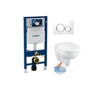 Pack WC avec bâti-support Duofix + WC suspendu Porcher sans bride + abattant Eurovit + plaque de commande blanche/chrome (GebPorcher)
