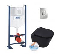 Pack WC Bâti-autoportant Rapid SL + WC sans bride SAT noir mat + Abattant softclose + Plaque chrome + Set d'isolation phonique