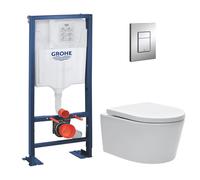 Pack WC bâti-autoportant Rapid SL + WC SAT rimless fixations invisibles + Abattant softclose + Plaque chrome Autoportant-SAT-1