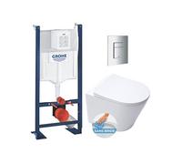 Pack WC Bâti autoportant + WC blanc mat sans bride Infinitio + Abattant frein de chute + Plaque chrome, ProjectInfinitioMat-1