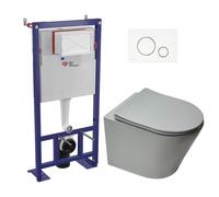 Pack WC bâti-autoportant + WC Infinitio gris mat sans bride fixations invisibles + Abattant softclose + Plaque blanche/chrome