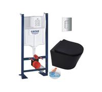 Pack WC Bâti autoportant + WC sans bride SAT Infinitio Noir mat + Abattant softclose + Plaque chrome mat
