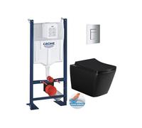 Pack WC Bâti autoportant + WC sans bride SAT Infinitio Noir mat Design + Abattant softclose + Plaque chrome mat