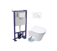 Pack WC bâti-autoportant WC SAT infinitio sans bride fixations invisibles + Abattant softclose + Plaque blanche/chrome