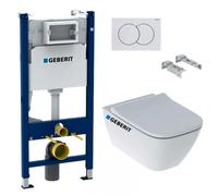 Pack WC Bati-support Geberit Duofix + WC sans bride Geberit Smyle + Abattant softclose + Plaque blanche (SmyleGeb3)