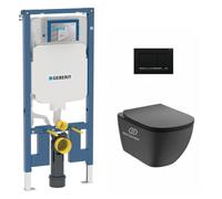 Pack WC Bati-support Geberit UP720 extra-plat + WC sans bride Ideal Standard Tesi + Abattant softclose + Plaque noir mat/chrome