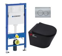 Pack WC bati Duofix + WC sans bride SAT Infinitio Noir mat + Abattant frein de chute + Plaque chrome mat