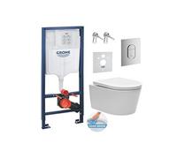 Pack WC bâti-support Solido 113 cm SAT Rimless Fixations Invisibles Abattant Softclose Plaque Chrome