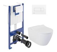 Pack WC Bâti-support Villeroy & Boch Viconnect + WC sans bride, fixations invisibles + Abattant frein de chute + Plaque Blanche