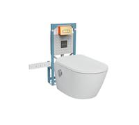 Pack WC lavant suspendu sans bride avec abattant et attentes électriques V-Care Ultra blanc + bâti autoportant V-Fix Easy + plaque or brossé