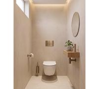 Pack WC QeramiQ Dely Swirl Compact - réservoir encastrable Geberit UP320 - avec bâti-support Burda - abattant slim - plaque de commande en plastique laiton brossé (or) - boutons rectangulaires - blanc