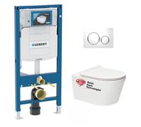 Pack WC sans bride Brevis, fixations invisibles + Abattant slim softclose + Bâti Geberit UP320 + Plaque blanc/chromé