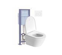 Pack WC suspendu compact sans bride D-Neo avec abattant frein de chute + bati support SIAMP + Plaque de commande blanche