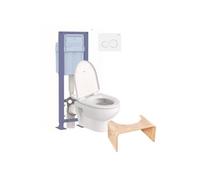Pack WC suspendu compact sans bride Duravit No.1 abattant + bati support SIAMP + Plaque blanche + tabouret bois