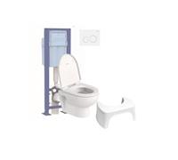 Pack WC suspendu compact sans bride Duravit No.1 abattant frein de chute + bati support SIAMP + Plaque blanche + tabouret