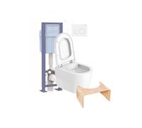Pack WC suspendu compact sans bride Me by Starck abattant + bati support SIAMP + Plaque blanche + tabouret bois