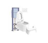 Pack WC suspendu compact sans bride Me by Starck abattant frein de chute + bati support SIAMP + Plaque blanche + tabouret