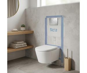 Pack WC suspendu complet avec bâti-support Roca, cuvette compacte sans bride et abattant soft-close
