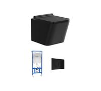 Pack WC suspendu en céramique noir mat avec option bâti-support et plaque de déclenchement ronde - CLEMONA