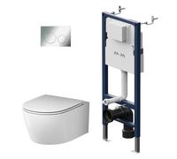 Pack WC suspendu Kit complet de WC suspendu, élément de paroi avant montage Prime Fit + WC mural blanc sans rebord de chasse+ plaque de déclenchement + abattant WC avec système d'abaissement