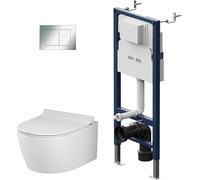 Pack WC suspendu Kit complet de WC suspendu, élément de paroi avant montage Prime Fit + WC mural blanc sans rebord de chasse+ plaque de déclenchement + abattant WC avec système d'abaissement