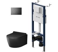 Pack WC suspendu Kit complet de WC suspendu, élément de paroi avant montage Prime Fit + WC mural noir sans rebord de chasse+ plaque de déclenchement + abattant WC avec système d'abaissement