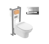 Jacob Delafon Pack WC Suspendu sans Bride à économie d'eau Cléo 1889 + abattant + bâti-Support + Plaque Rectangle chromé