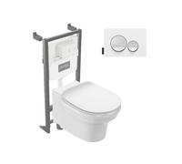 Pack WC suspendu sans bride à économie d'eau Cléo 1889 + abattant + bâti-support + plaque ronde blanche