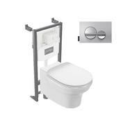 Pack WC suspendu sans bride à économie d'eau Cléo 1889 + abattant + bâti-support + plaque ronde chromé