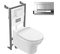 Pack WC suspendu sans bride à économie d'eau Cléo 1889 + abattant + bâti-support + plaque rectangle chromé