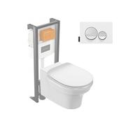 Pack WC suspendu sans bride Cléo 1889 + abattant + bâti-support + plaque ronde blanche