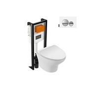 Pack WC suspendu sans bride compact Nouvelle vague+ bâti-support + plaque Chrome brillant/Blanc mat