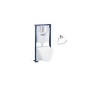 Pack WC suspendu sans bride Essence avec abattant + plaque chromée + bâti Grohe + Dérouleur papier