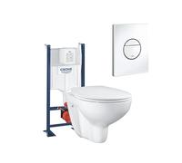 Pack WC suspendu sans bride GROHE Bau ceramic + Bâti support + abattant + plaque ronde blanc alpin