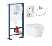 Pack WC suspendu sans bride GROHE Essence avec abattant + plaque chromée + bâti Grohe + Dérouleur papier