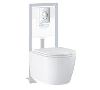 Pack WC suspendu sans bride GROHE Start Round Ceramic + Abattant frein de chute + Bati support autoportant + Plaque carré chromé