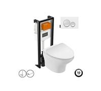 Pack WC suspendu sans bride Nouvelle vague+ bâti-support + plaque Blanc brillant/Blanc mat + accessoires