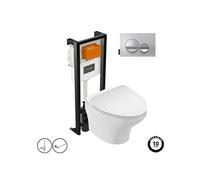 Pack WC suspendu sans bride Nouvelle vague+ bâti-support + plaque Chrome brillant/Chrome mat + accessoires
