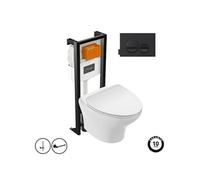 Pack WC suspendu sans bride Nouvelle vague+ bâti-support + plaque Noir brillant/Noir mat + accessoires