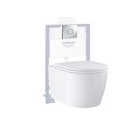 Pack WC suspendu sans bride Start Round Ceramic + Bati support hauteur réduite universel mur-sol + Plaque carré chromé