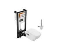 Pack WC suspendu sans bride Struktura + abattant + plaque chromée + bâti + Porte-balai Eo rond