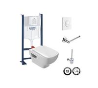 Pack WC suspendu sans bride Struktura + Bati-support GROHE + plaque Start blanc + porte-balai + porte-rouleau rond