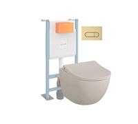 Pack WC suspendu Sento lin mat + bâti autoportant V-Fix Core + Plaque Round or brossé