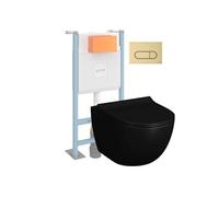 Pack WC suspendu Sento noir + bâti autoportant V-Fix Core + Plaque Round Or brossée