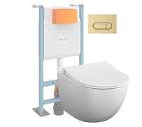 Pack WC suspendu VITRA Sento blanc mat + bâti autoportant V-Fix Core + Plaque Round or brossé