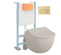 Pack WC suspendu VITRA Sento lin mat + bâti autoportant V-Fix Core + Plaque Round or brossé