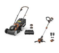 Pack WORX Essentiel Jardin Tondeuse à Gazon 40V 460m² + Coupe-Bordures 20V + 2 Batteries 4Ah et 1 Batterie 2Ah + Chargeur Double et Chargeur Simple (Idéal pour l'Entretien du Jardin)