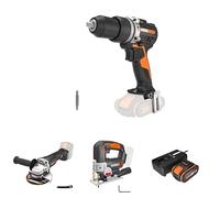 PACK WORX Perceuse à percussion sans fil 60Nm WX352.9 + Meuleuse d'angle 125mm WX812.9 + Scie sauteuse WX543.9 + Pack batterie 20V 4Ah et chargeur rapide