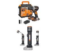 PACK WORX Perceuse visseuse sans fil 20V 60Nm WX102 + Lampe led 4 en 1 sans fil WX027.9, livrée avec 2 batteries 2Ah, chargeur rapide et accessoires